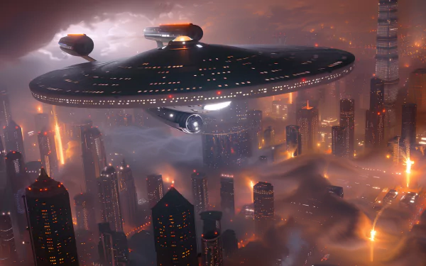 HD desktop wallpaper featuring the USS Enterprise soaring above a futuristic cityscape shrouded in clouds.