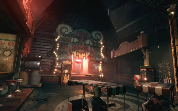 HD desktop wallpaper featuring a sinister carnival setting from The Outlast Trials video game, with eerie lighting and abandoned attractions.