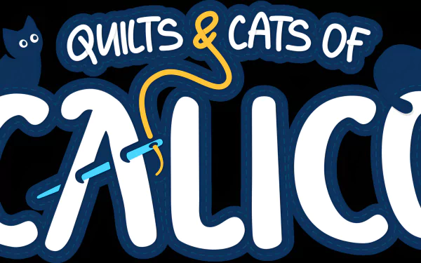 Quilts and Cats of Calico video game title with playful cat silhouette on a crisp HD desktop wallpaper background.