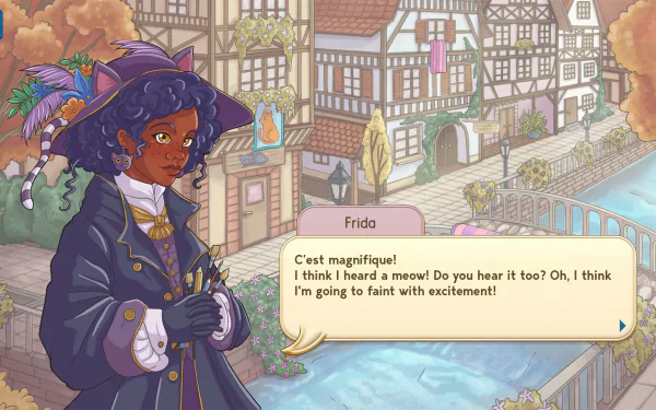 HD wallpaper from the video game 'Quilts and Cats of Calico' featuring a character named Frida with a dialogue box in a charming town setting.