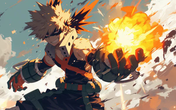 Katsuki Bakugou from My Hero Academia anime unleashing an explosion in an HD desktop wallpaper.