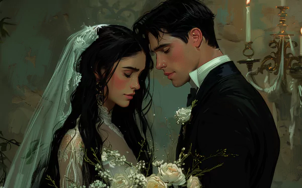 HD desktop wallpaper featuring an illustrated bride and groom in an intimate pose with a moody, romantic backdrop.