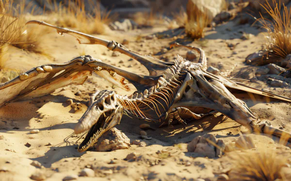 High-definition desktop wallpaper featuring a detailed dinosaur fossil in a desert setting.