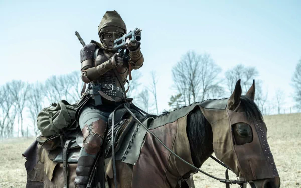 HD desktop wallpaper from The Walking Dead: The Ones Who Live featuring a character on horseback aiming a gun.