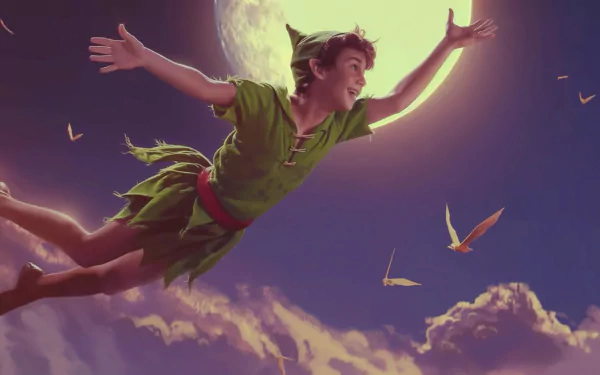 Peter Pan flying in a whimsical sky HD desktop wallpaper and background.