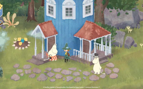 HD desktop wallpaper featuring characters from Snufkin: Melody of Moominvalley video game in a charming Moominvalley scene.