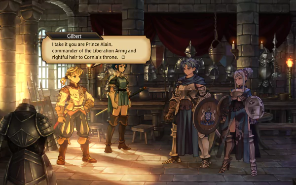 HD video game wallpaper featuring Unicorn Overlord characters in a castle setting for desktop background.