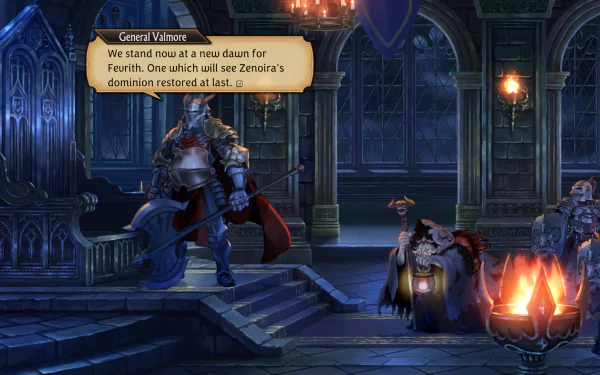 HD desktop wallpaper featuring a scene from a video game with characters 'General Valmore' and 'Unicorn Overlord' in a regal, candle-lit setting.