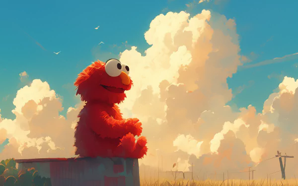Elmo from Sesame Street sitting and smiling in a scenic HD desktop wallpaper with fluffy clouds in the background.
