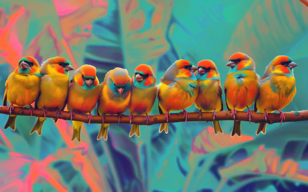 A vibrant HD wallpaper featuring a row of colorful finches perched on a branch, set against a bold, abstract background of tropical foliage.