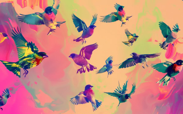 Colorful finches in flight on a vibrant pink and orange background, HD desktop wallpaper.