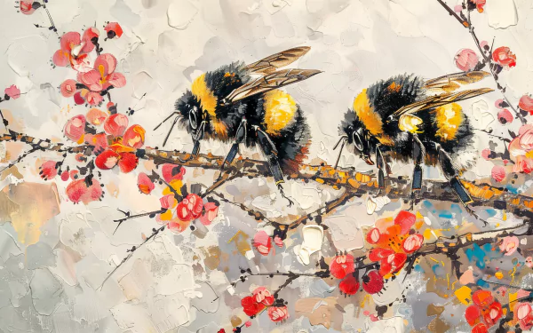 Two bumblebees perched on a flowering branch, surrounded by soft pastel blooms, create a vibrant and serene HD desktop wallpaper. Nature's beauty captured in detail.