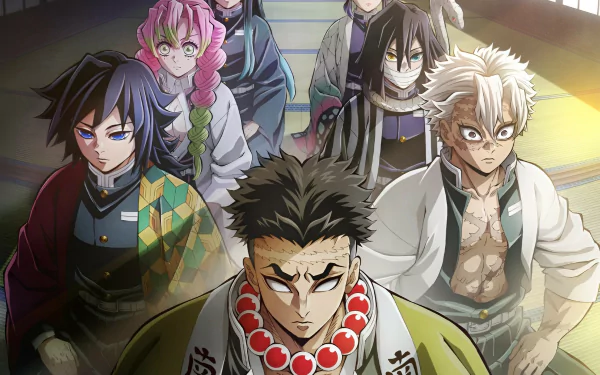 HD PC desktop wallpaper featuring characters from the anime Demon Slayer: Kimetsu no Yaiba, showcasing the Hashira Training Arc with detailed, vibrant artwork.