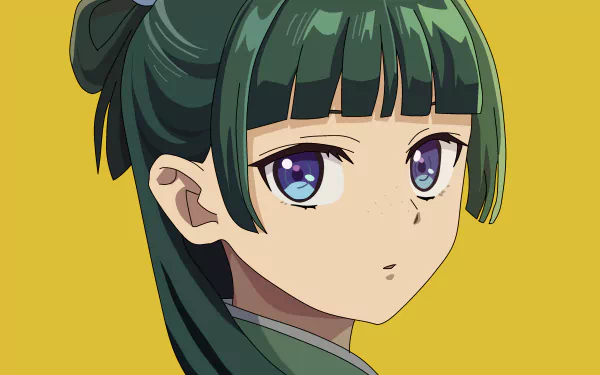 HD anime wallpaper featuring Maomao from The Apothecary Diaries with striking blue eyes and dark green hair against a solid yellow background.