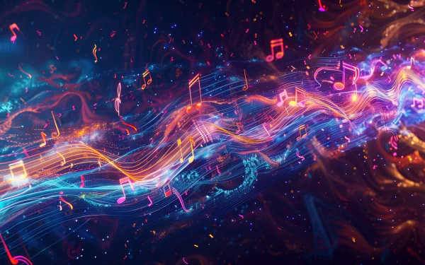HD wallpaper depicting abstract electronic music theme with vibrant waves and musical notes.