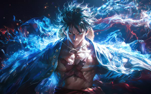 An HD desktop wallpaper featuring Monkey D. Luffy from One Piece, showcasing his powerful presence with vibrant, swirling blue and red energy effects around him.