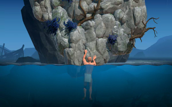 HD wallpaper featuring a climber from a challenging video game grasping a rocky outcrop above water.