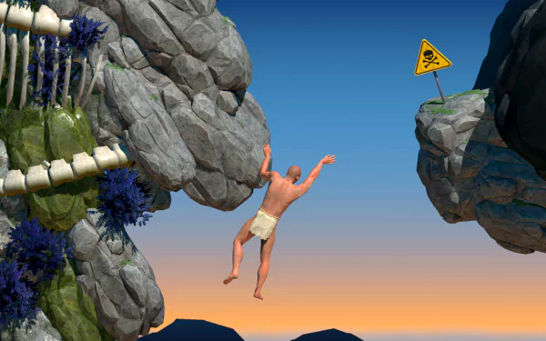 HD wallpaper of a video game character climbing a treacherous cliff with a warning sign, symbolizing 'A Difficult Game About Climbing'.