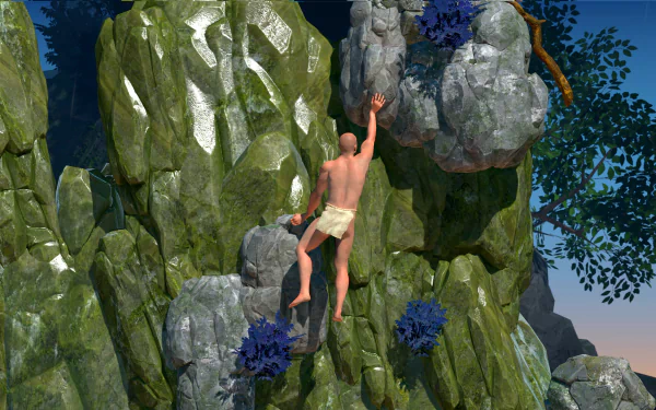 HD desktop wallpaper featuring a character climbing a challenging rocky terrain in a video game about mountain climbing.