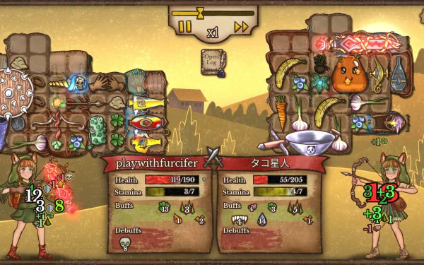 Backpack Battles video game HD desktop wallpaper featuring animated characters engaged in a whimsical battle scene with health and stamina bars visible.