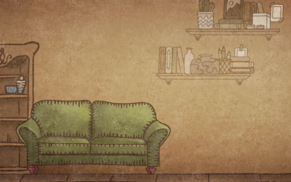 HD wallpaper from Backpack Battles video game featuring a cozy animated living room with a green sofa and wall shelves.
