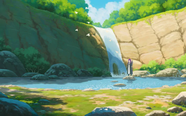 Anime HD desktop wallpaper featuring Fern from Frieren: Beyond Journey's End standing near a serene waterfall in a lush, sunlit forest setting.