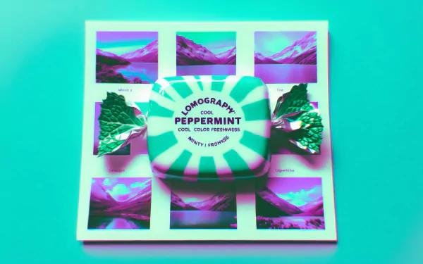 HD desktop wallpaper featuring an artistic peppermint design with cool color tones and mountain collage background.