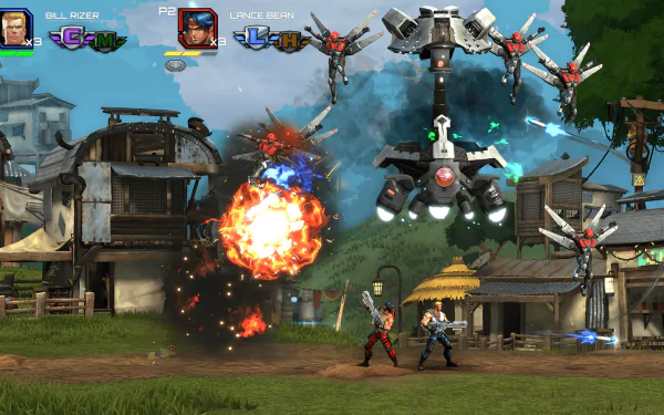 HD wallpaper of Contra: Operation C game with characters in combat against a robotic boss.