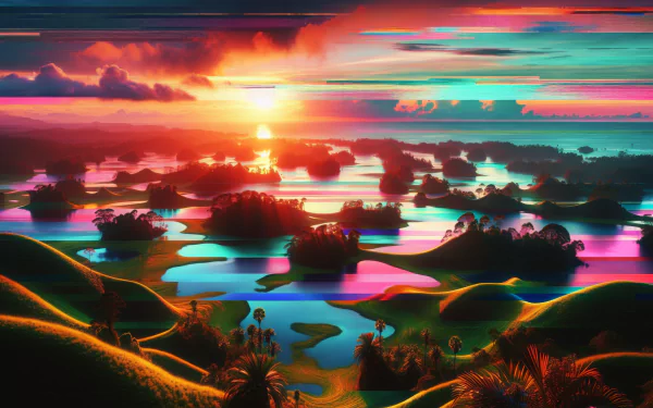 HD desktop wallpaper of a vibrant sunset over a surreal, neon-lit paradise landscape with reflective waters and rolling hills.