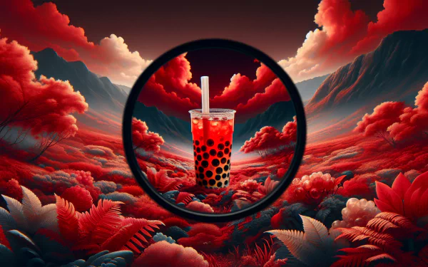 HD desktop wallpaper featuring a bubble tea in the center with a surreal, red-tinged landscape of mountains and foliage in the background.