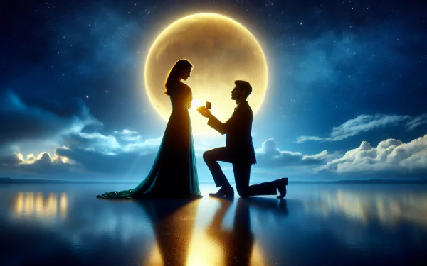 A romantic proposal scene featuring a silhouetted couple against a glowing full moon, creating a captivating HD desktop wallpaper and background.