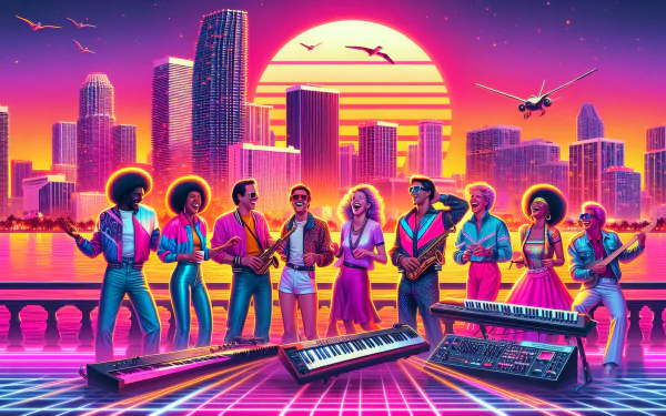 Group of animated characters laughing in a vibrant retro-style cityscape HD wallpaper with a neon sunset, silhouetted skyscrapers, and a synthwave aesthetic.