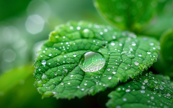 A close-up of a dew drop resting on a green leaf, surrounded by small droplets, creating a fresh and vibrant ambiance. This stunning image serves as a beautiful HD desktop wallpaper.