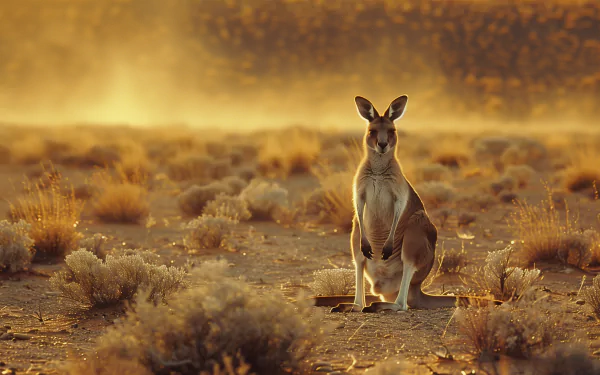 A kangaroo stands gracefully in a sunlit, dusty landscape, surrounded by shrubs, creating a stunning HD desktop wallpaper and background.