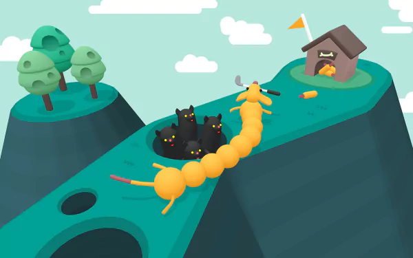 HD desktop wallpaper of What the Golf? video game featuring a whimsical golf course with cats and a caterpillar.