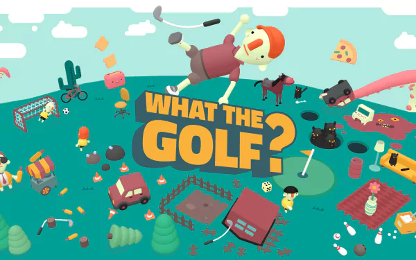 HD wallpaper of 'What the Golf?' video game featuring whimsical cartoon characters and golf elements on a colorful background.
