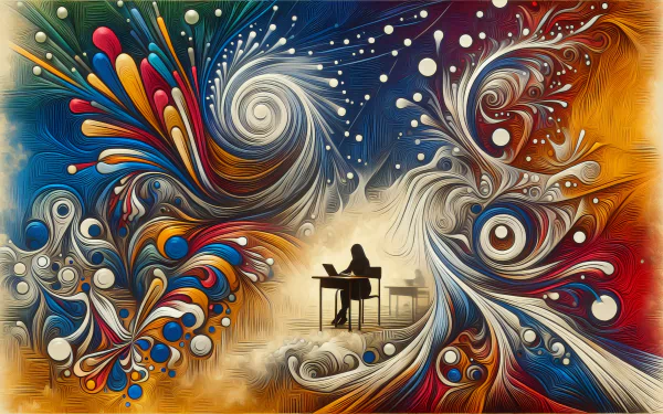 Abstract art HD desktop wallpaper with vibrant swirl patterns and a silhouette of a person at a desk, tagged with exam.