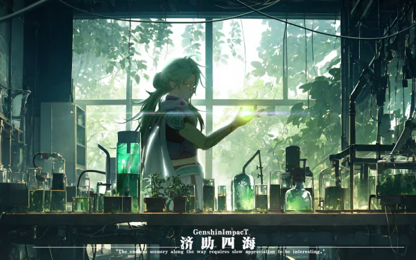HD PC desktop wallpaper featuring Baizhu from Genshin Impact standing in a dimly lit lab, surrounded by glowing green bottles and scientific equipment.