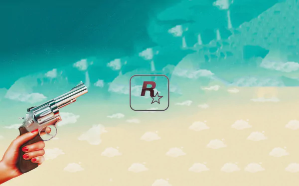 Stylized Grand Theft Auto VI HD wallpaper featuring a hand holding a revolver with Rockstar Games logo and retro vibes.