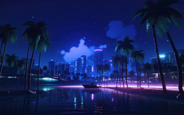 A vibrant HD wallpaper featuring a nighttime cityscape in Grand Theft Auto VI, with palm trees and a boat reflecting neon lights on the water.