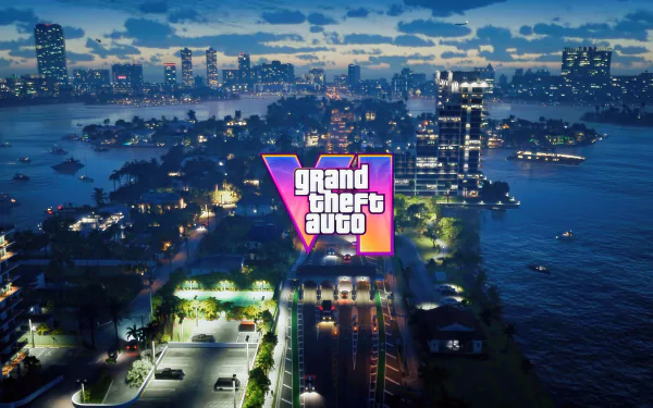 HD wallpaper of Grand Theft Auto VI with a vibrant nighttime cityscape backdrop for desktop background.