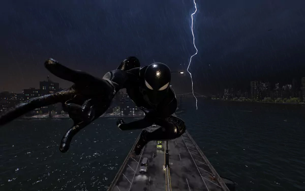 4K Ultra HD PC wallpaper from Marvel's Spider-Man 2 featuring Spider-Man in his black suit leaping over a bridge at night with lightning in the background.