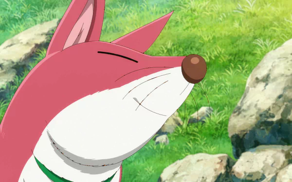 A vibrant HD desktop wallpaper featuring a cheerful pink fox character from The Seven Deadly Sins: Four Knights of the Apocalypse, set against a lush green background.