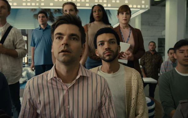 Group of diverse actors in a scene from a TV show for a high-definition desktop wallpaper themed around The American Society of Magical Negroes.