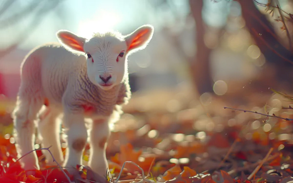 HD wallpaper of an adorable lamb standing amidst autumn leaves, with warm sunlight filtering through the background.