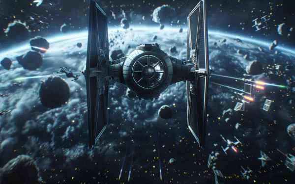 A striking HD fan art of a TIE Fighter soaring through a vibrant space scene, surrounded by asteroids and distant starships, creating a dynamic and immersive background.