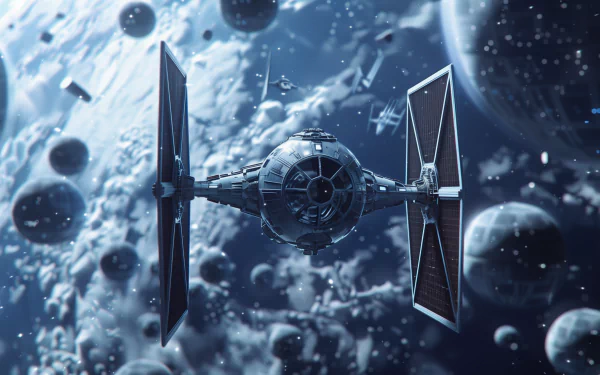 HD desktop wallpaper featuring artistic fan-made rendition of a TIE Fighter spacecraft against a cosmic backdrop with planets and stars.