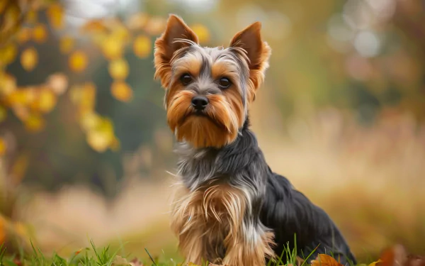 HD desktop wallpaper featuring a Yorkshire Terrier dog sitting amidst autumn foliage.
