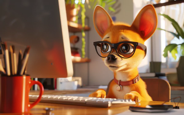 A chihuahua wearing glasses sits at a desk, intently looking at a computer. This HD wallpaper features a warm, cozy workspace filled with plants and stationery.
