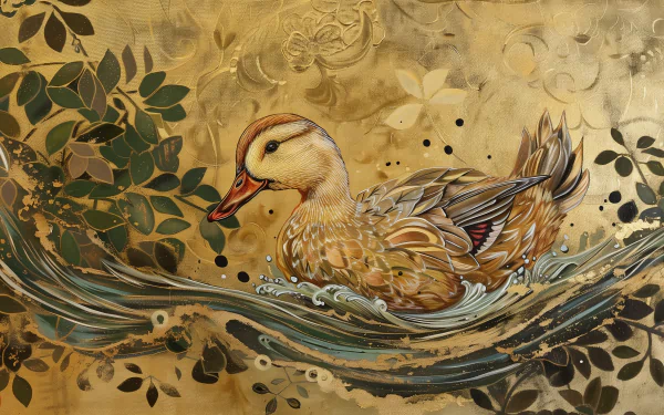 HD desktop wallpaper featuring an illustrated duckling swimming, with a detailed golden floral background design.